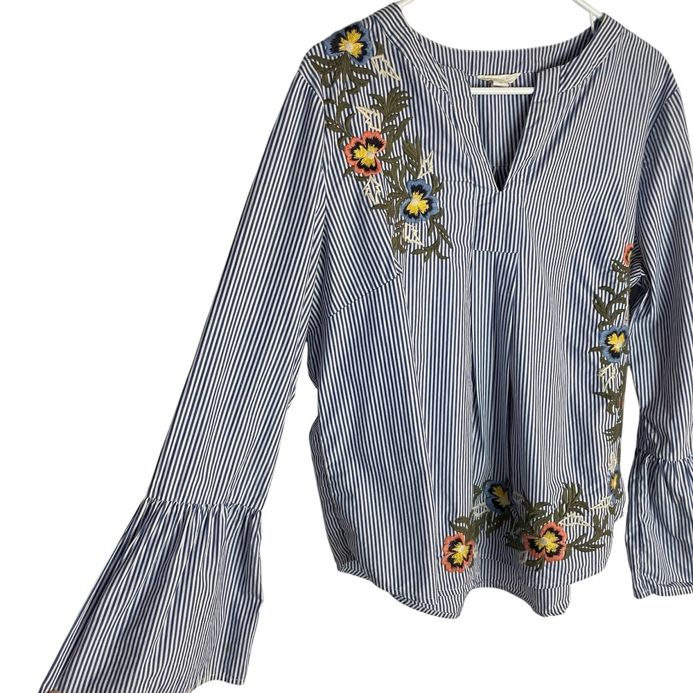Caslon Womens Floral Embroidered Stripe Blouse Size XL Blue Bell Sleeve Boho